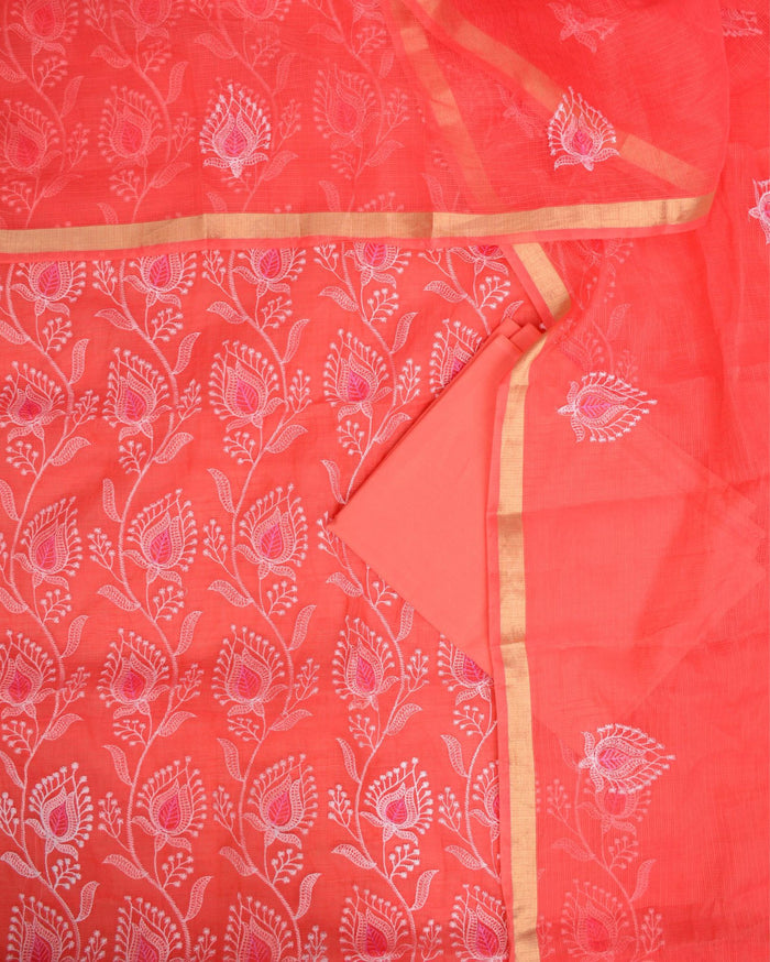 Indiehaat|Kota Doria Embroidered Red Suits(Top+Bottom+Dupatta)