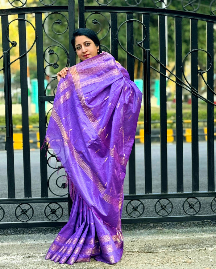 Katan Silk Saree Lavender Color Banarasi Weaves with running blouse - IndieHaat