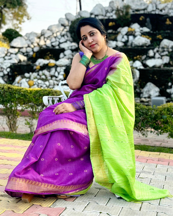 Katan Silk Saree Royal Purple Color Banarasi Weaves with running blouse - IndieHaat