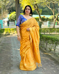 Katan Silk Saree Gajari Color Banarasi Weaves with running blouse - IndieHaat