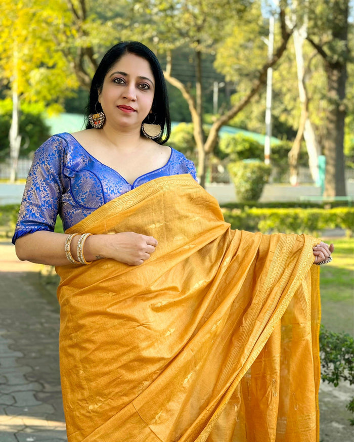 Katan Silk Saree Gajari Color Banarasi Weaves with running blouse - IndieHaat