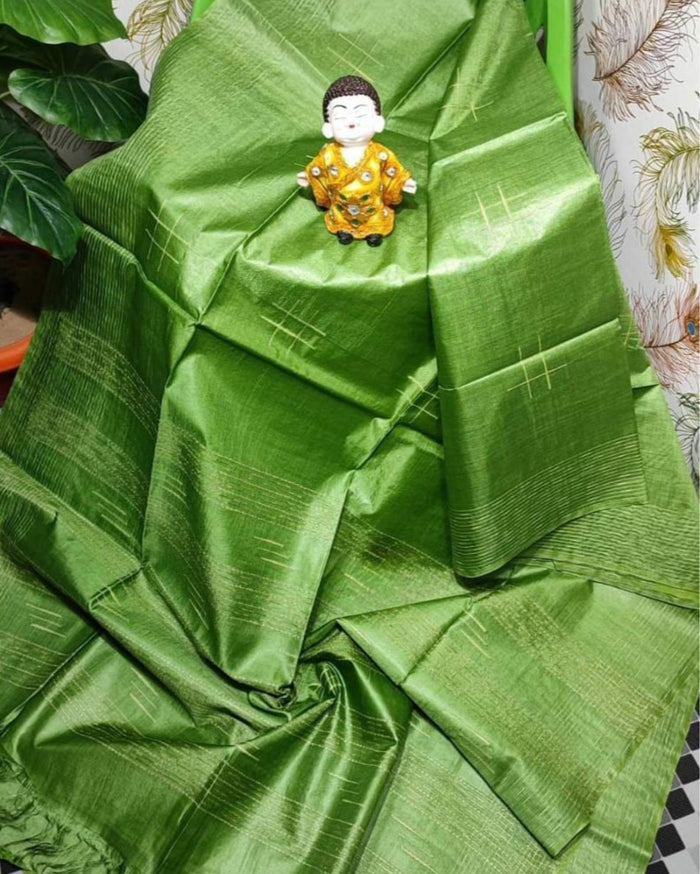 Katan Sap Green Silk Saree Weaving Design with Blouse-Indiehaat