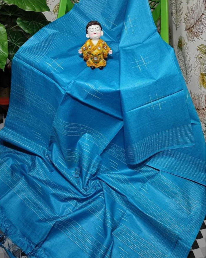 Katan Sea Blue Silk Saree Weaving Design with Blouse-Indiehaat