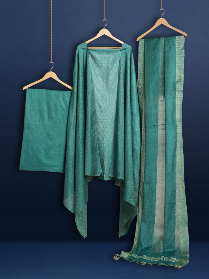 Katan Silk Color-Rich Handcrafted Green Suit (T+B+D)