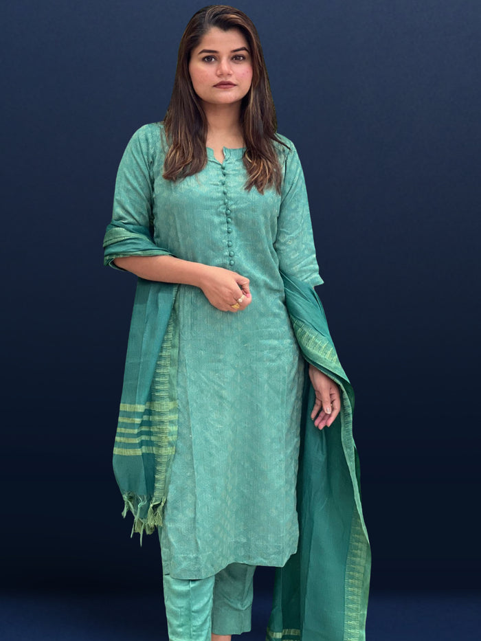 Katan Silk Color-Rich Handcrafted Green Suit (T+B+D)
