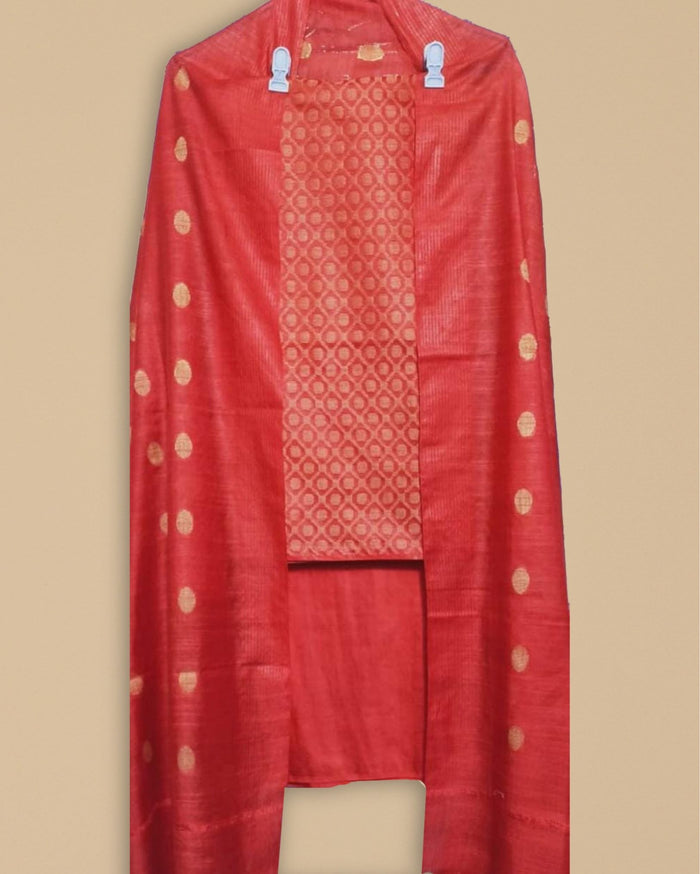 Katan Silk Intriguing Handcrafted Suit (T+B+D) Red
