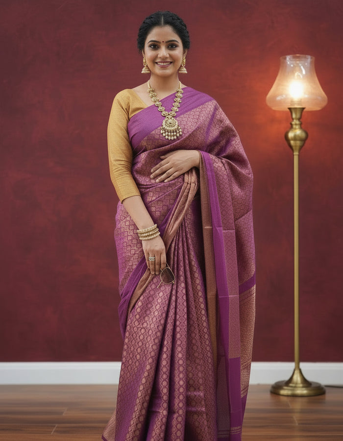 IndieHaat | Katan Silk Purple Saree Jaquard Weaving Running Blouse