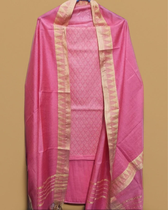 Katan Silk Radiating Handcrafted Pink Suit (T+B+D)