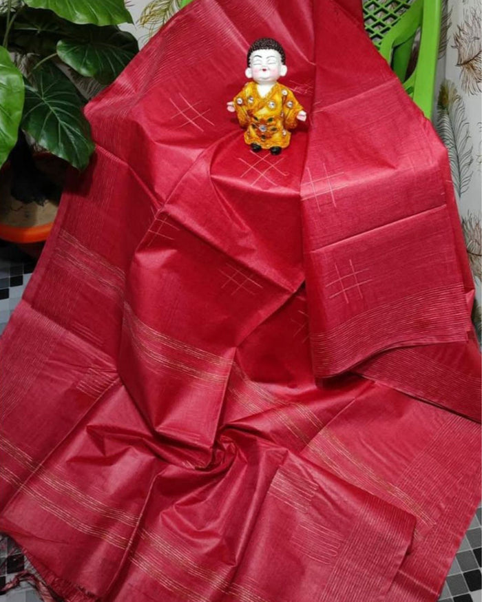Katan Silk Saree Red Color Weaving Design with Blouse-Indiehaat