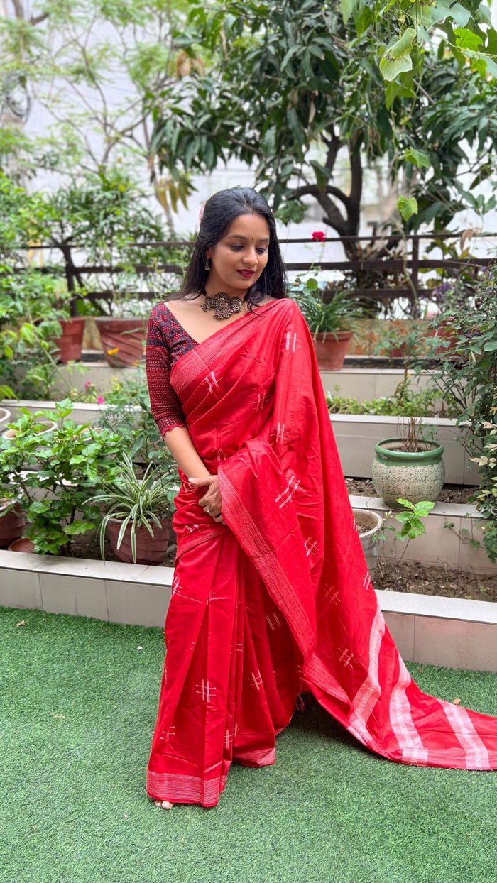 Katan Silk Saree Red Color Weaving Design with Blouse-Indiehaat