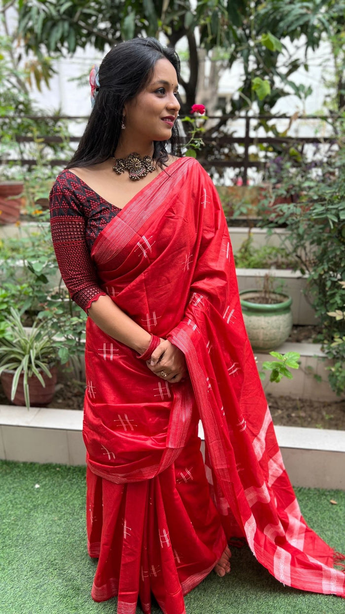 Katan Silk Saree Red Color Weaving Design with Blouse-Indiehaat