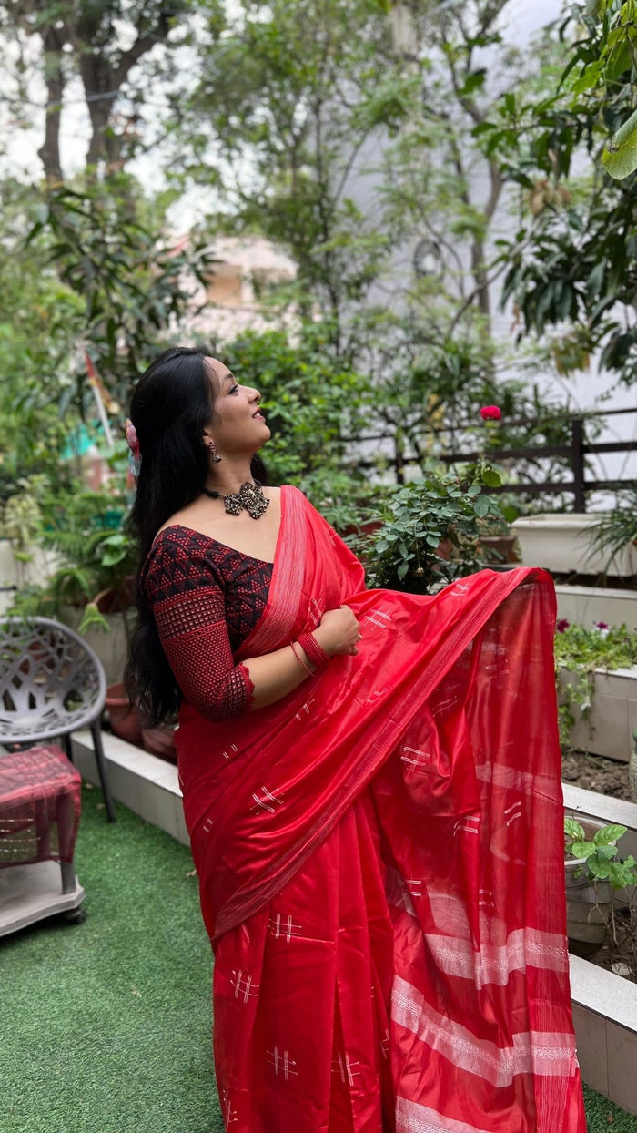 Katan Silk Saree Red Color Weaving Design with Blouse-Indiehaat