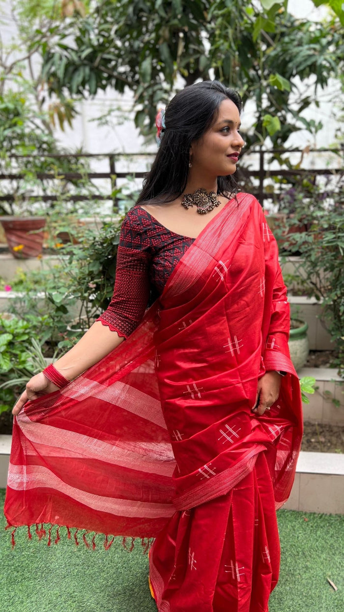 Katan Silk Saree Red Color Weaving Design with Blouse-Indiehaat