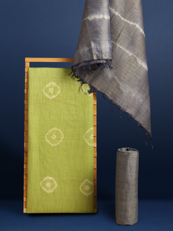 Katan Silk Shibiori Dyed Green Suit (T+B+D)