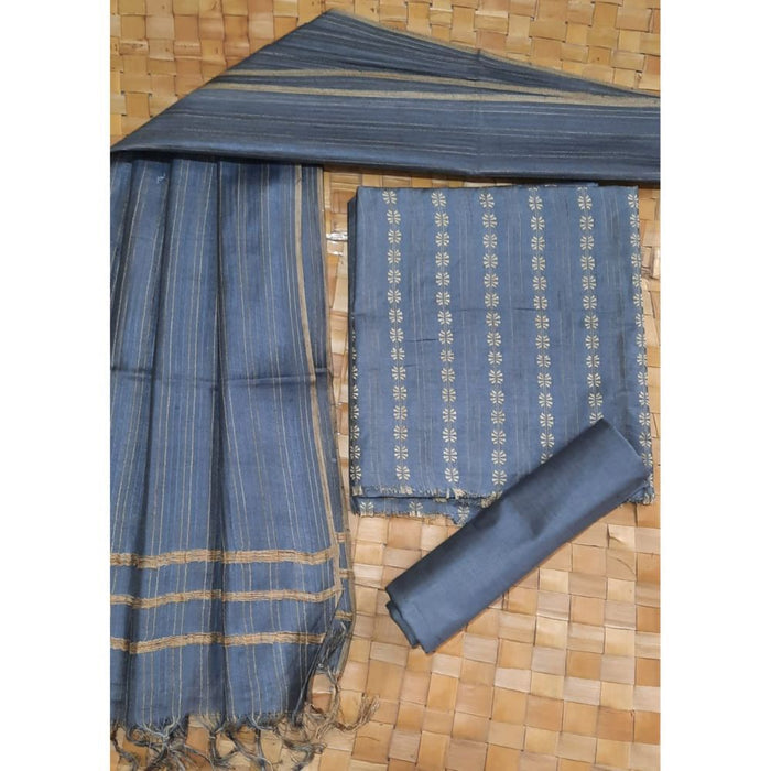Katan Silk Gray Suit Piece with Bottom and Dupatta Handcrafted-Indiehaat