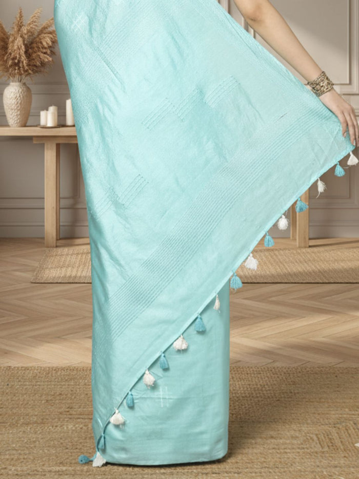 Katan Sea Blue Silk Saree Weaving Design with Blouse-Indiehaat