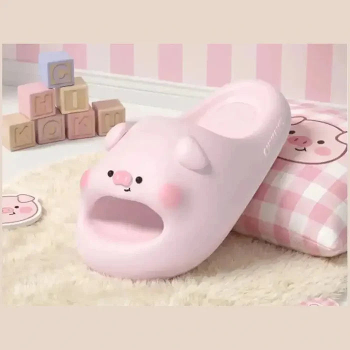 Kawaii animal print cloud slippers featuring a cute pig design.