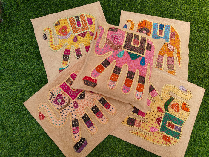 Indiehaat | Khamma Ghani Antique Elephant Patchwork Cotton Cushion Covers