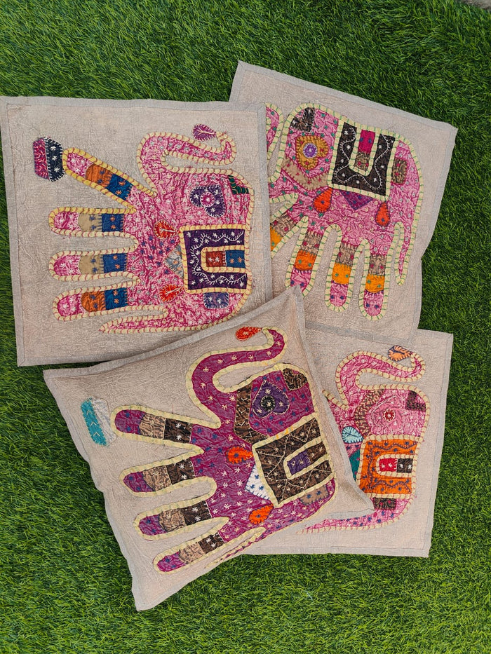Indiehaat | Khamma Ghani Blush Elephant Patchwork Cotton Cushion Covers