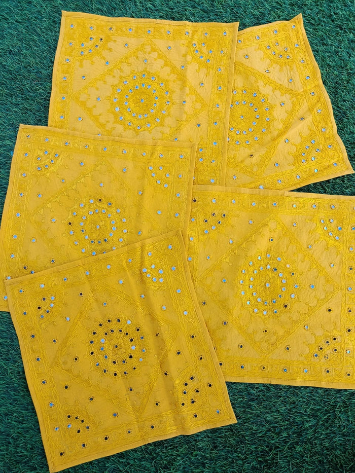 Indiehaat | Bohemian Yellow Cotton Cushion Covers Mirror Work