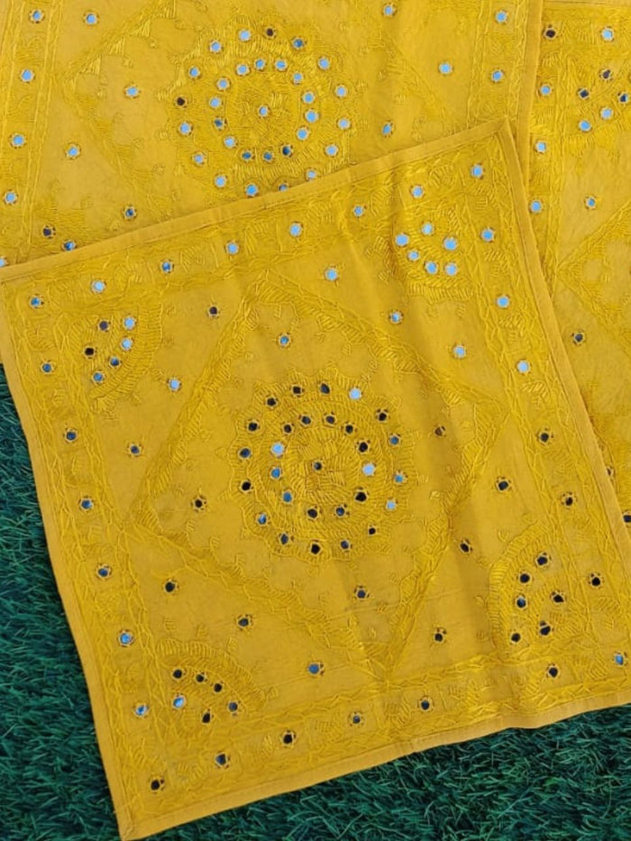 Indiehaat | Bohemian Yellow Cotton Cushion Covers Mirror Work