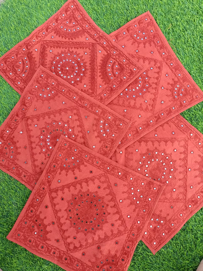 Indiehaat | Colorful Cotton Red Cushion Covers Mirror Work
