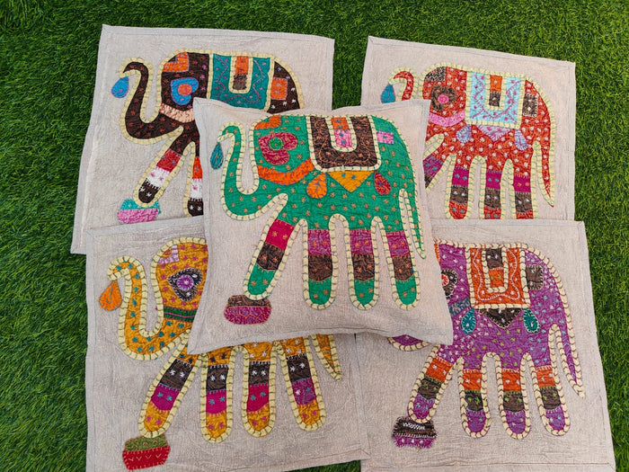 Indiehaat | Khamma Ghani Elegant Elephant Patchwork Cotton Cushion Covers