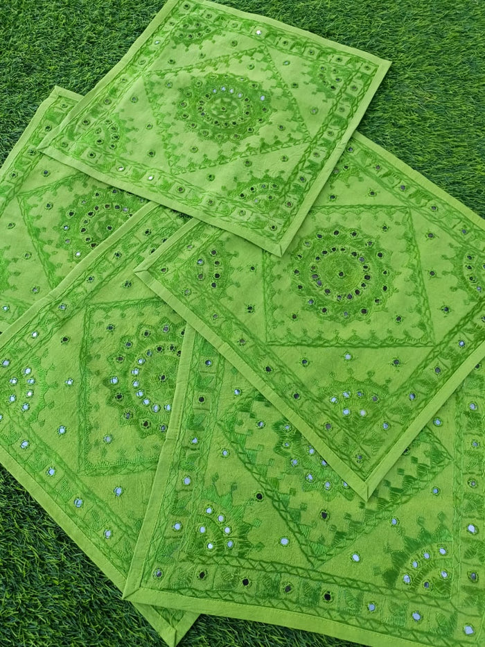 Indiehaat | Elegant Green Cotton Cushion Covers Mirror Work