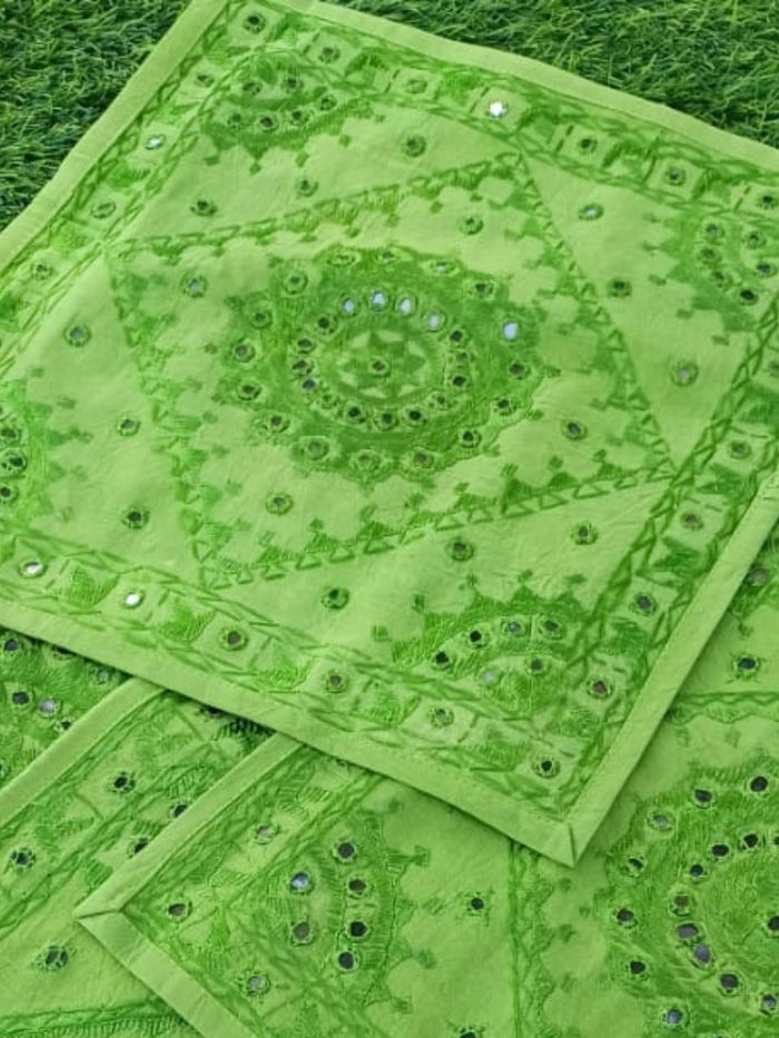 Indiehaat | Elegant Green Cotton Cushion Covers Mirror Work