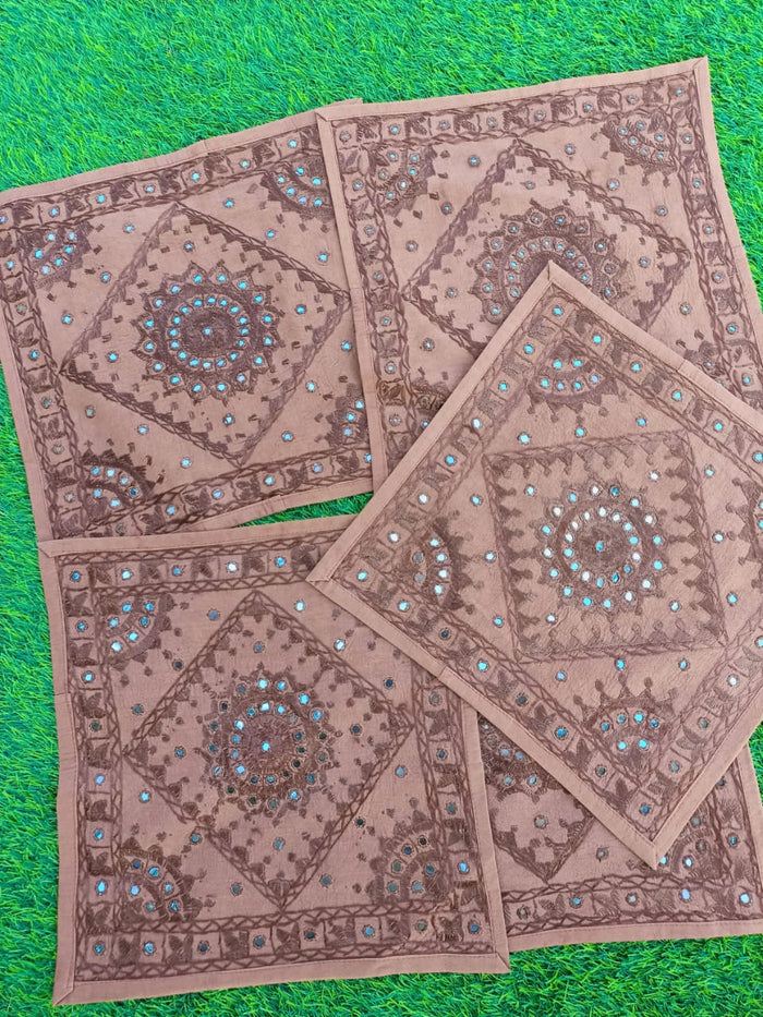 Indiehaat | Embellished Cotton Brown Cushion Covers Mirror Work
