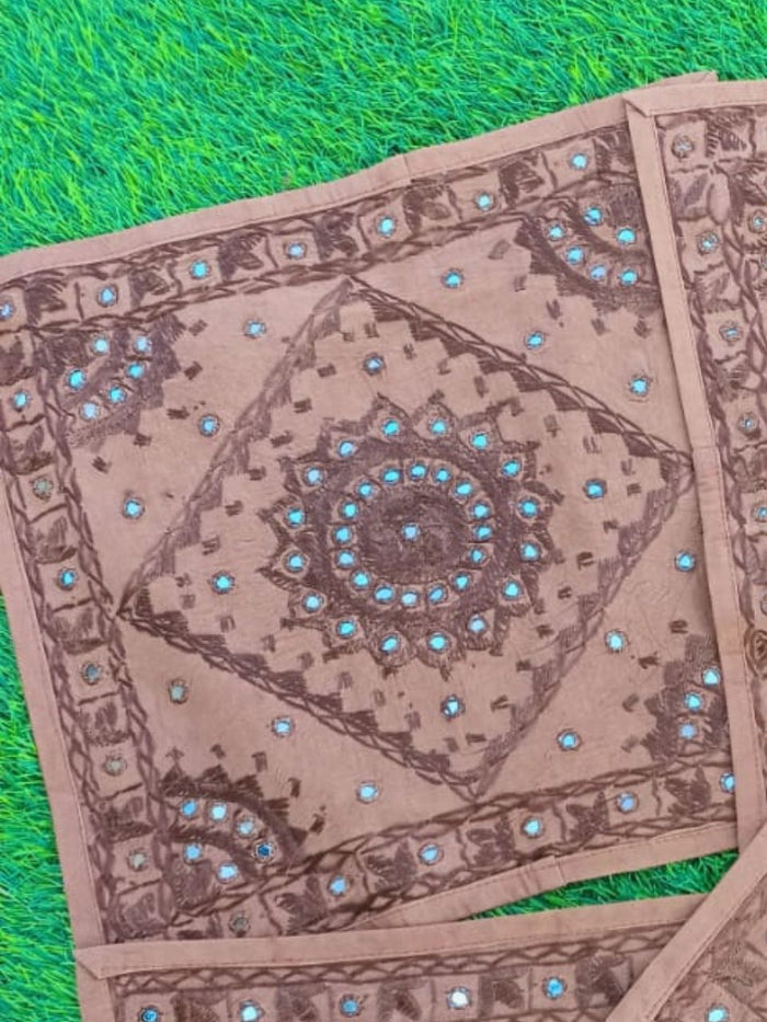 Indiehaat | Embellished Cotton Brown Cushion Covers Mirror Work