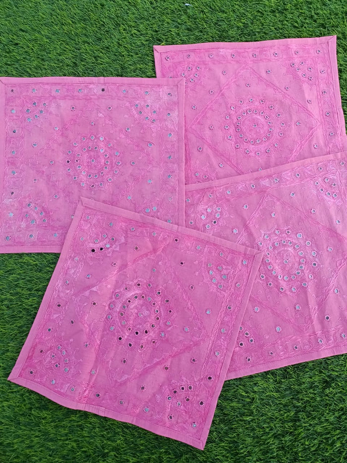 Indiehaat | Intricate Cotton Pink Cushion Covers Mirror Work
