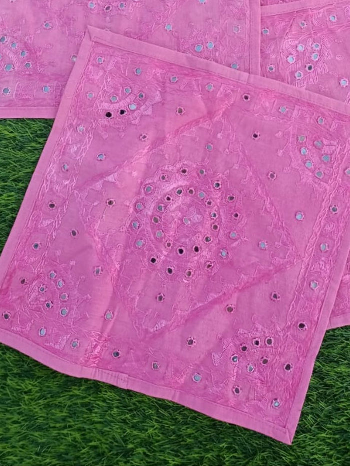 Indiehaat | Intricate Cotton Pink Cushion Covers Mirror Work