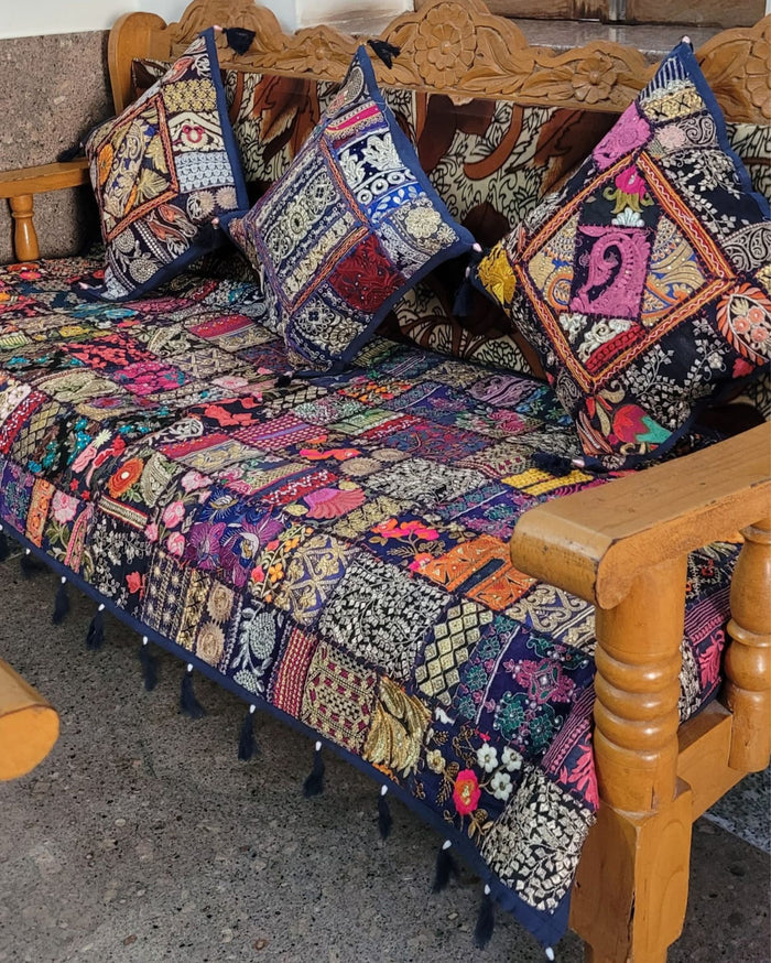 Indiehaat|Kambadiya Blue Sofa Throw & Cushion Cover|Elegant DÃƒÂ©cor