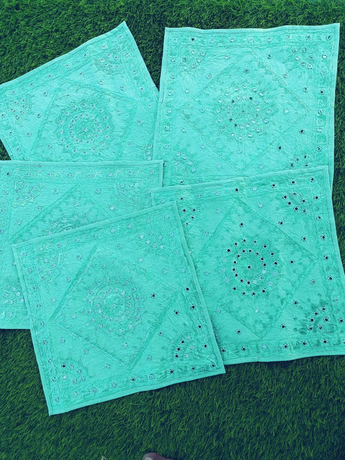 Indiehaat | Traditional Cotton Torquoise Cushion Covers Mirror Work