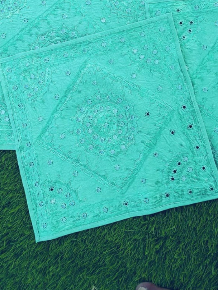 Indiehaat | Traditional Cotton Torquoise Cushion Covers Mirror Work