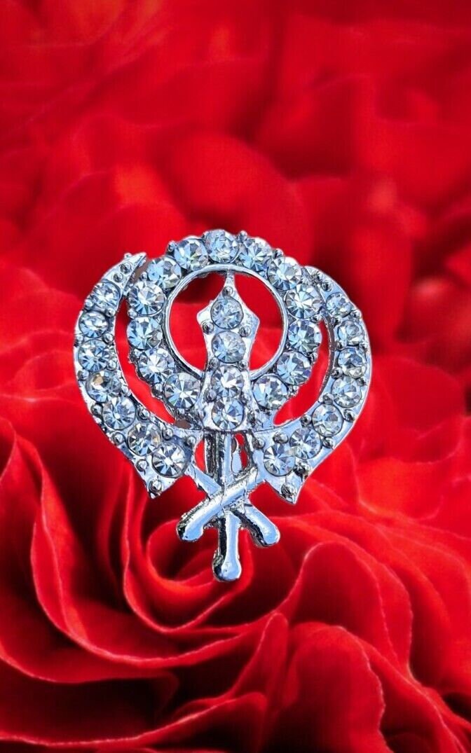 Khanda brooch silver plated stunning diamonte sikh pin singh kaur broach k61 new