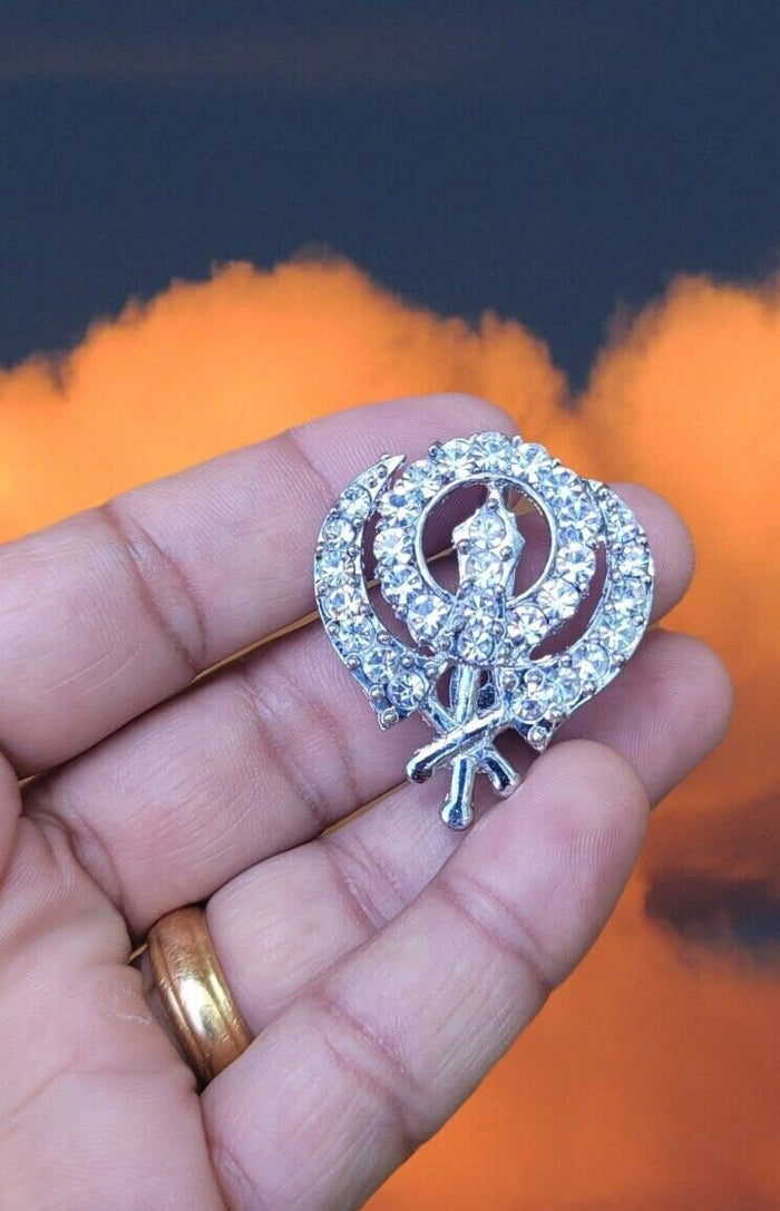 Khanda brooch silver plated stunning diamonte sikh pin singh kaur broach k61 new