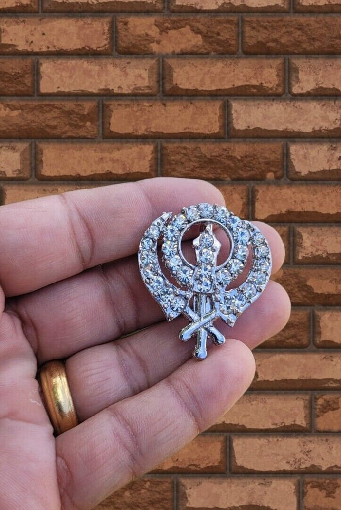Khanda brooch silver plated stunning diamonte sikh pin singh kaur broach k61 new