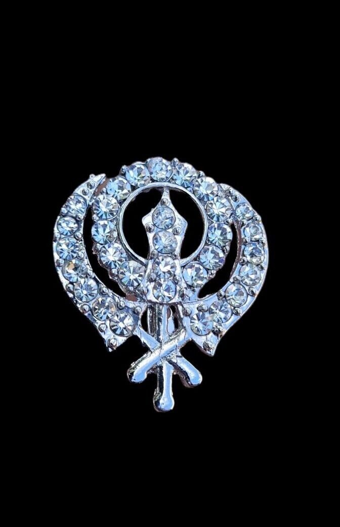 Khanda brooch silver plated stunning diamonte sikh pin singh kaur broach k61 new