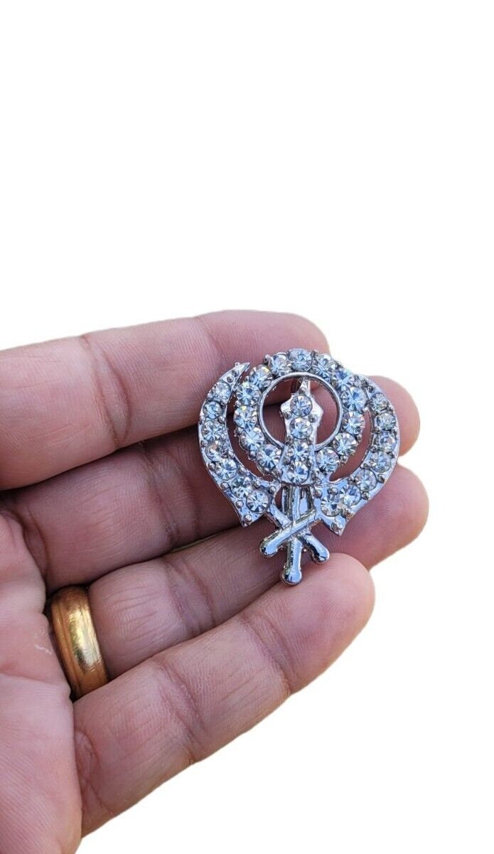 Khanda brooch silver plated stunning diamonte sikh pin singh kaur broach k61 new
