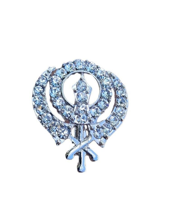 Khanda brooch silver plated stunning diamonte sikh pin singh kaur broach k61 new