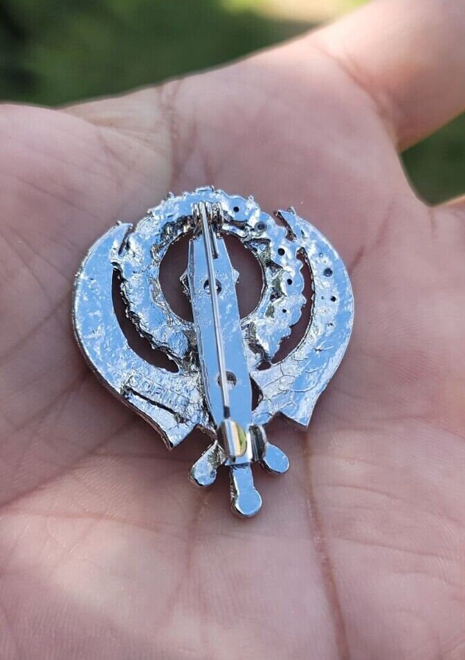 Khanda brooch silver plated stunning diamonte sikh pin singh kaur broach k61 new