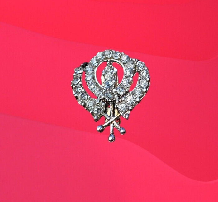 Khanda brooch silver plated stunning diamonte sikh pin singh kaur broach k63 new