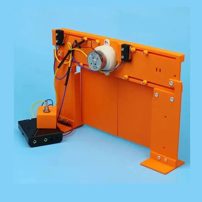Kids DIY electric door STEM kit showcasing a 3D electric door model with motor and circuitry components.