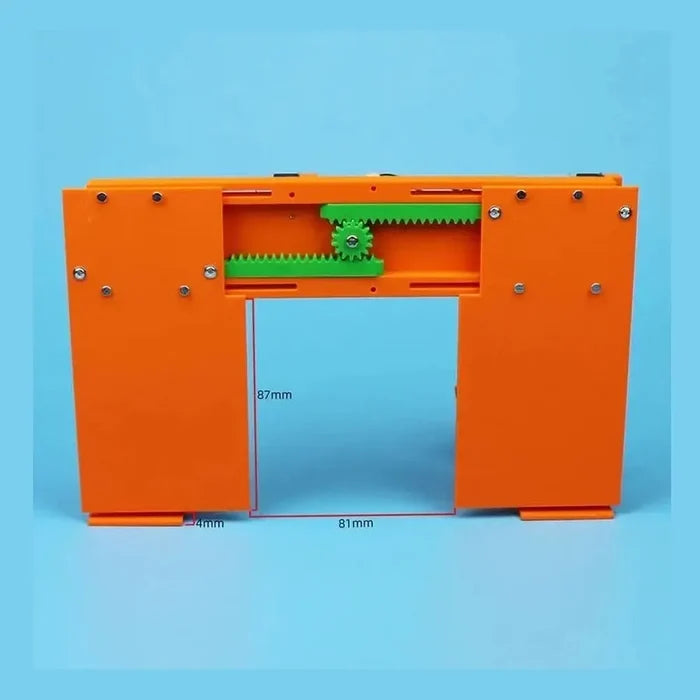 Kids DIY electric door STEM kit showcasing orange door model with gears and dimensions for educational purposes.