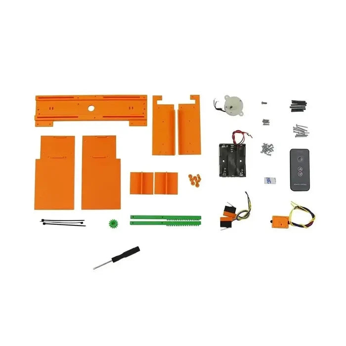 Kids DIY electric door STEM kit components, including motor, remote control, and assembly parts for educational fun.