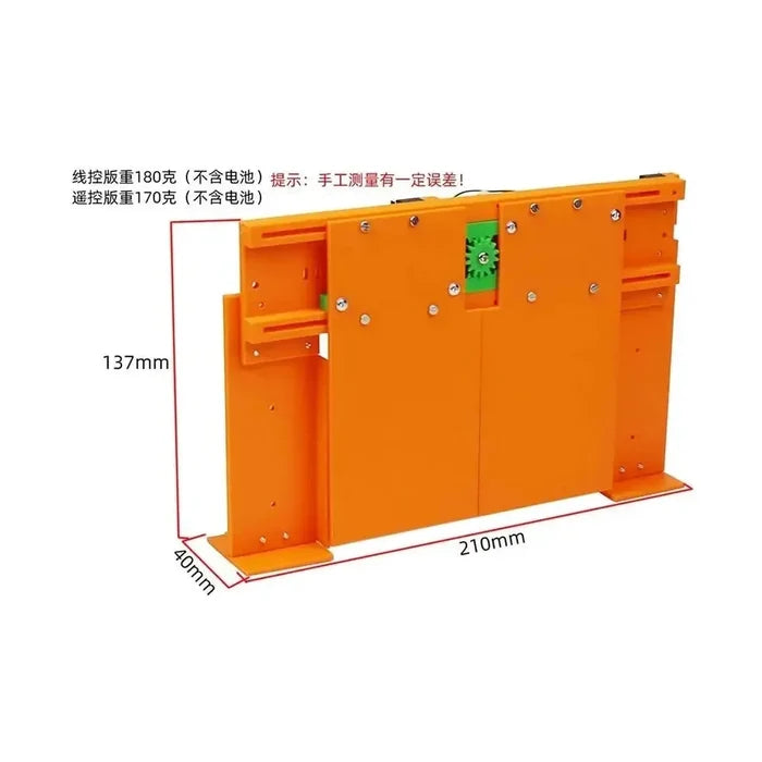 Kids DIY electric door STEM kit parts and dimensions showing orange electric door model for educational play.
