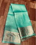 Silk Linen Banarasi Brocade Handloom Winter Green  Saree with Blouse-Indiehaat