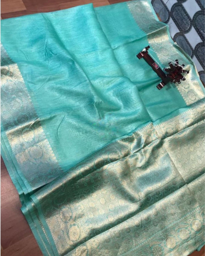 Silk Linen Banarasi Brocade Handloom Winter Green  Saree with Blouse-Indiehaat
